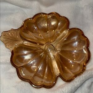 "Vintage Jeannette Marigold Carnival Glass Clover Dish Iridescent Amber!